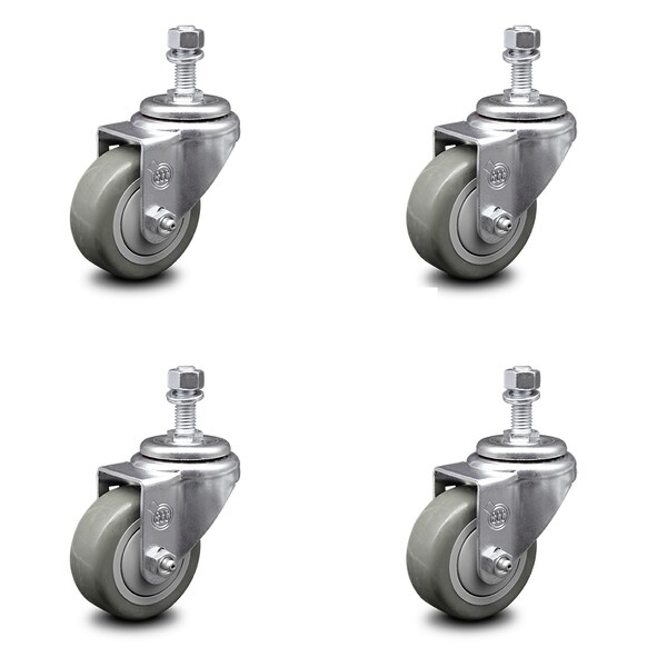 3.5 Inch Gray Polyurethane Wheel Swivel 1/2 Inch Threaded Stem Caster Set SCC